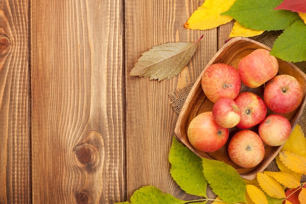 Folhas de outono e maçãs sobre fundo de madeira