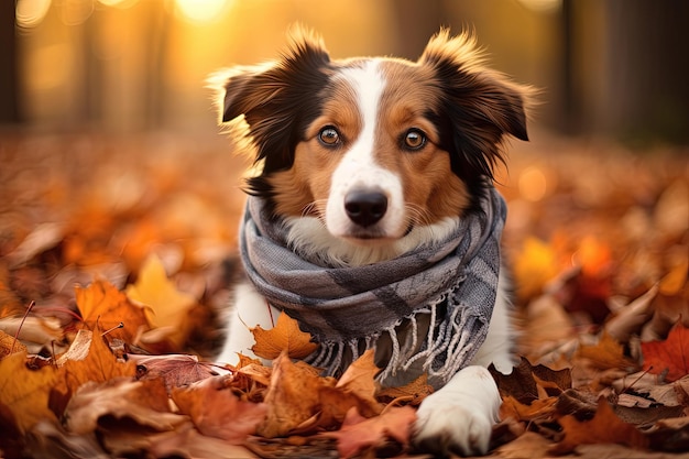 Foto folhas de outono e um lenço envolvem um cão de raça mista descansando