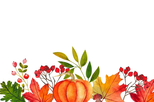 Folhas de outono em aquarela frutas e legumes bagas de abóbora
