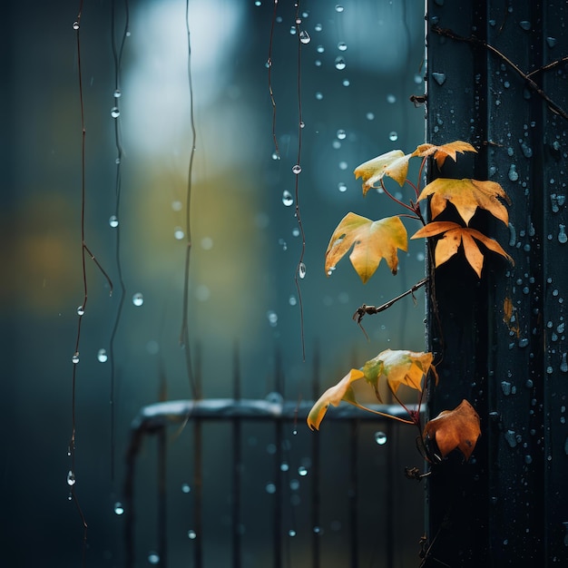 folhas de outono em cima do muro na chuva