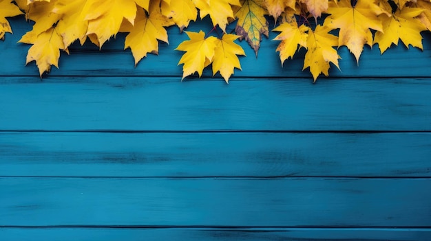 Folhas de outono em fundo azul de madeira Vista superior com espaço de cópia
