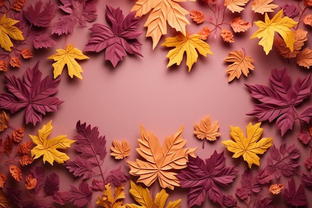 Folhas de outono em fundo rosa com espaço de cópia para texto