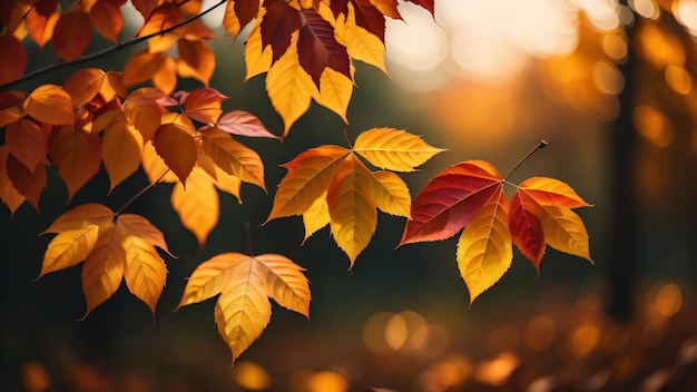 Folhas de outono em um galho com o sol brilhando sobre elas