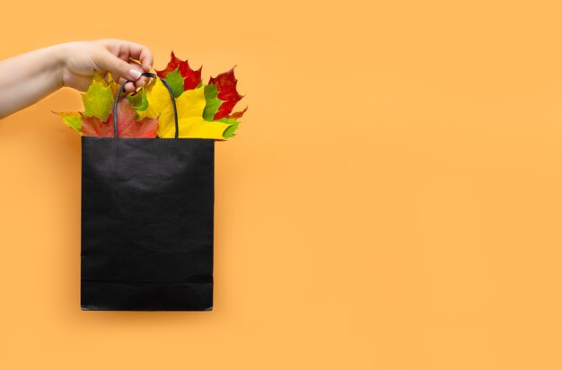 Folhas de outono em um saco em um modelo de fundo laranja com lugar para o texto Venda de outono, compras