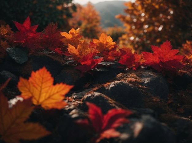 folhas de outono em uma rocha nas montanhas