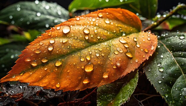 Foto folhas de outono laranja e verde com gotas de água