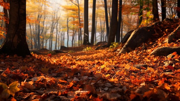 Folhas de outono na floresta de outono no chão pela manhã