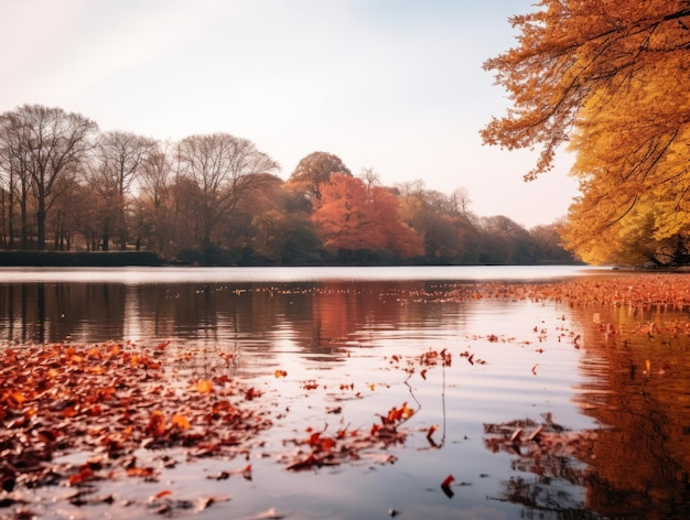 folhas de outono na margem de um lago