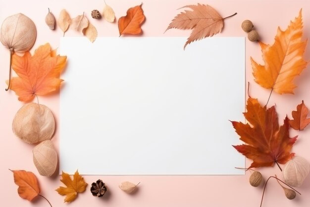 Folhas de outono na mesa de pêssego folha branca de papel