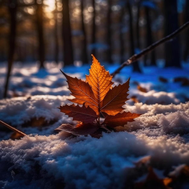 Folhas de outono na neve na floresta ao pôr do sol ou nascer do sol