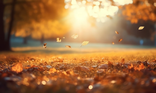 folhas de outono no campo com uma bela luz da tarde atrás