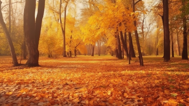 Folhas de outono no chão com fundo amarelo