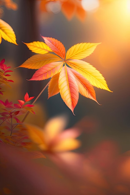 Folhas de outono no foco suave da luz solar da manhã com fundo bokeh desfocado abstrato