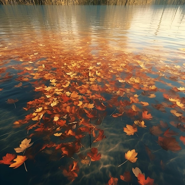 Folhas de outono refletidas na água de um lago ao pôr do sol