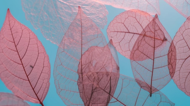 Folhas de outono rosa sobre fundo azul Ilustração AI GenerativexA