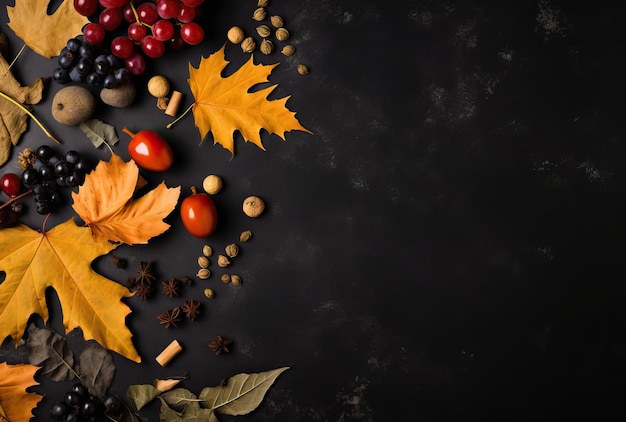 folhas de outono, uvas e especiarias dispostas em preto no estilo de fundos minimalistas