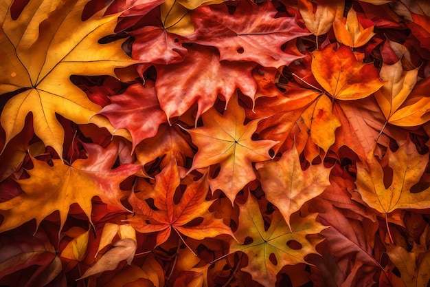 Foto folhas de outono vermelhas e laranjas em fundo imagem de fundo colorido de folhas de outuno caídas