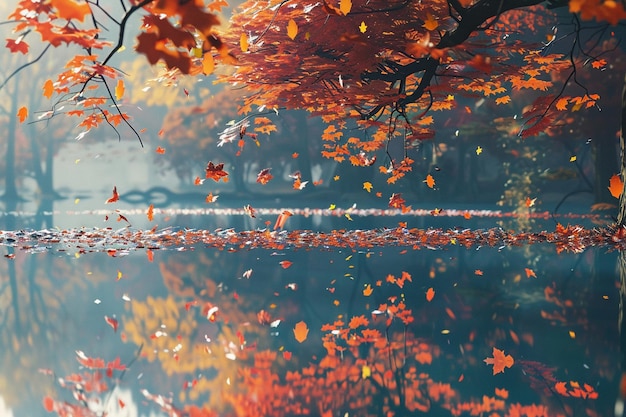 Folhas de outono vibrantes refletidas num lago calmo