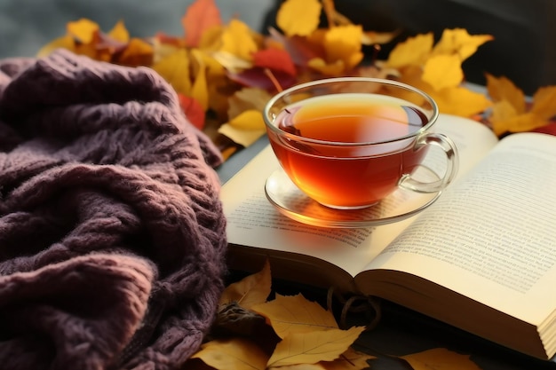Folhas de outono xícara de chá livro aberto e cachecol quente na mesa de madeira Leitura de livro sazonal domingo relaxante hora do chá e conceito de natureza morta