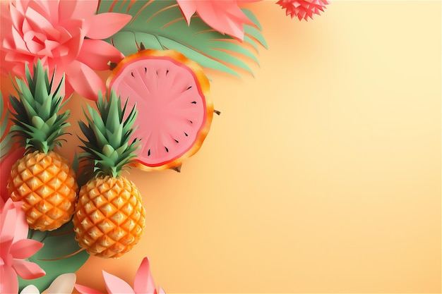 Folhas de palmeira de frutas tropicais de abacaxi fundo com espaço de cópia mostrando o conceito de verão