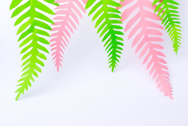 Folhas de palmeira de papel tropical verde e rosa na superfície branca