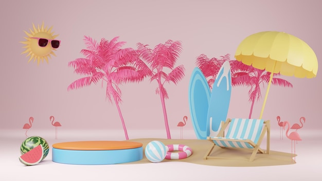 Folhas de palmeira de pódio de caixa de renderização 3D com fundo de verão