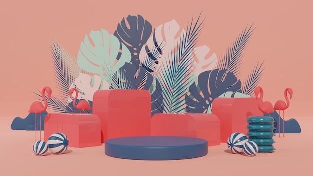 Folhas de palmeira de pódio de caixa de renderização 3D com fundo de verão