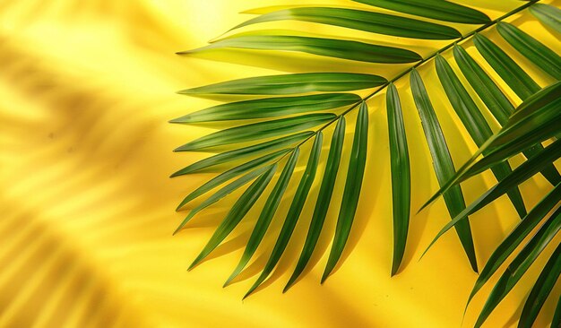 folhas de palmeira frescas sobre um fundo amarelo