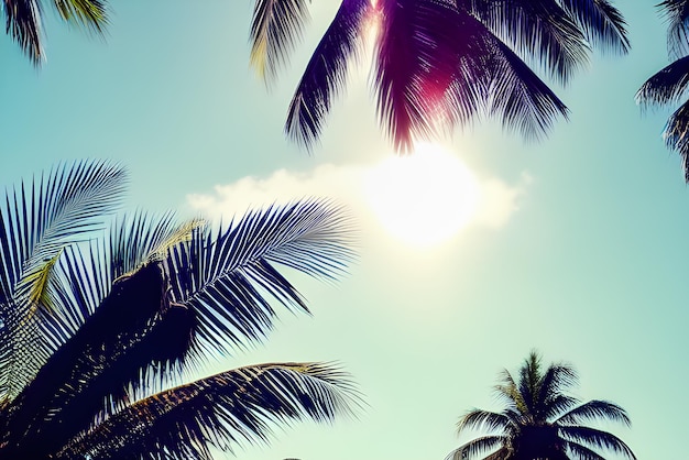 Folhas de palmeira na frente do céu azul ensolarado de verão