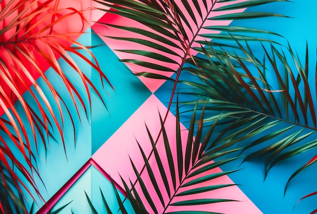 Foto folhas de palmeira sobre um fundo geométrico colorido
