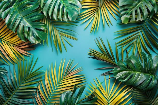 Folhas de palmeira tropicais coloridas em fundo para o conceito de moda de verão