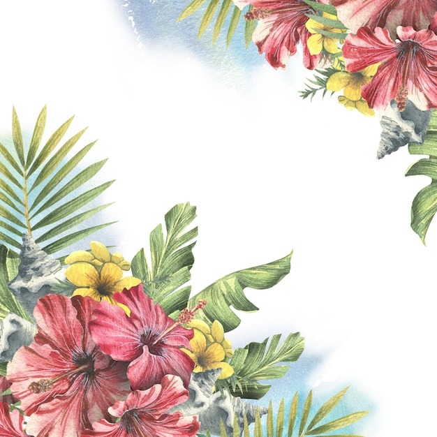 Folhas de palmeira tropical com flores de hibisco vermelho Ilustração em aquarela Modelo da coleção CUBA Para o design de cartões postais convites publicitários anúncios de verão e praia