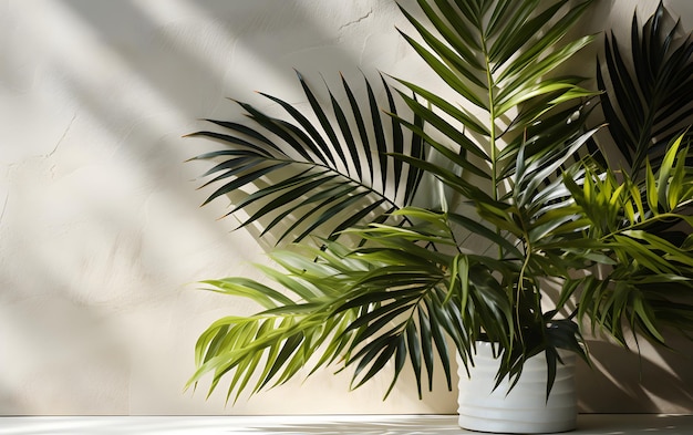 Folhas de palmeira tropical com sombras no fundo tropical desfocado abstrato da parede de concreto branco