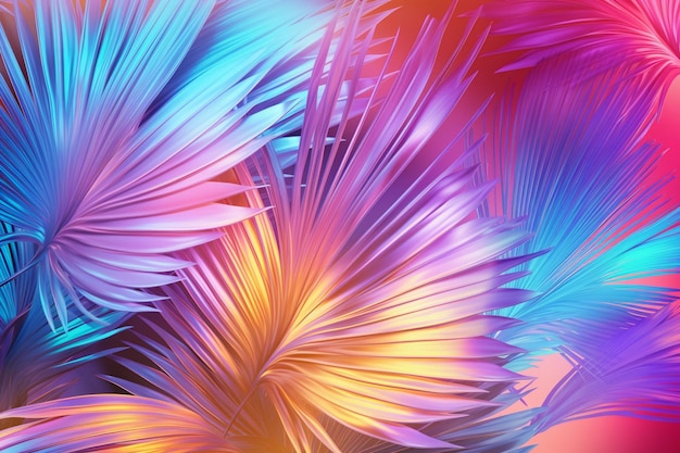 Folhas de palmeira tropical em cores holográficas de gradiente neon vibrantes conceito de arte mínima