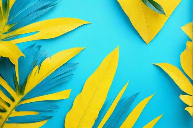 Folhas de palmeira tropical em fundo amarelo e azul claro