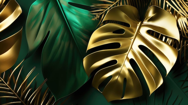Folhas de palmeira verdes e douradas abstraem fundo Generative AI