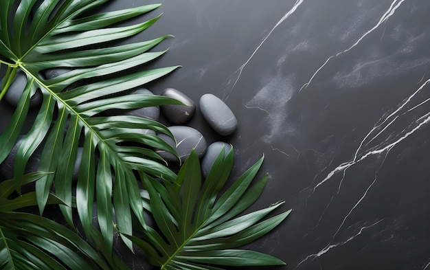 Folhas de palmeira verdes e pedras em um fundo de mármore preto