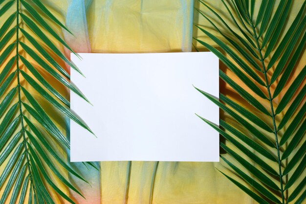 Folhas de palmeira verdes em um fundo amarelo brilhante conceito de verão Viagem de praia Espaço de cópia plano