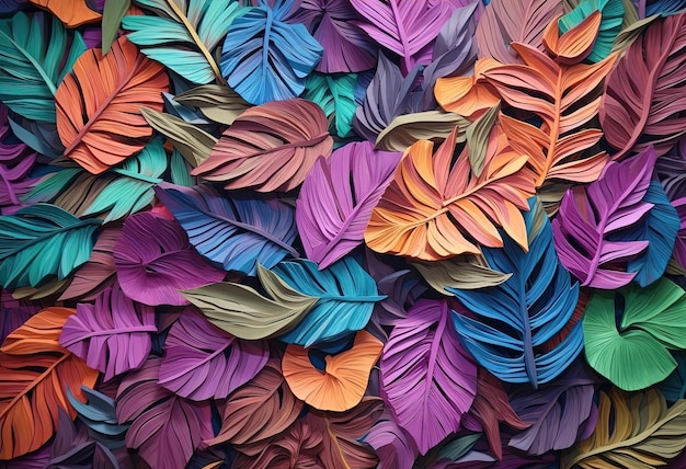 folhas de papel coloridas em estilo tropical na de composições detalhadas e intrincadas