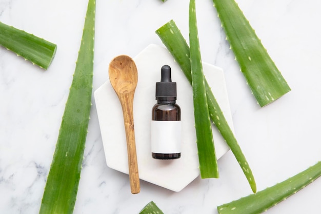 Folhas de plantas naturais de aloe vera com um frasco conta-gotas cosmético