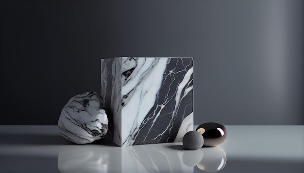 Folhas de pódio de cilindro de bloco de caixa de mármore branco de luxo em vitrine de cena de conceito de fundo de mármore branco