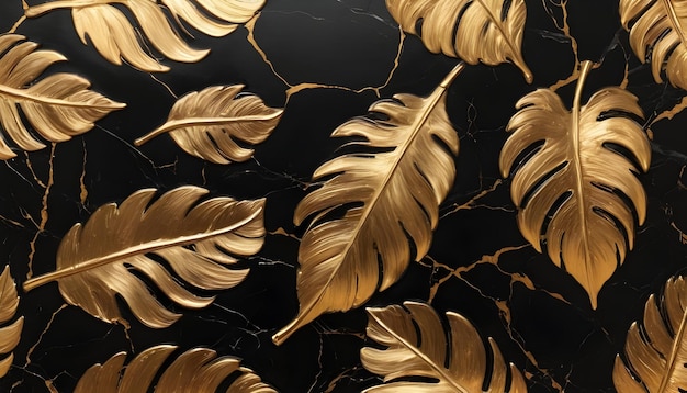 Folhas douradas com fundo de mármore preto