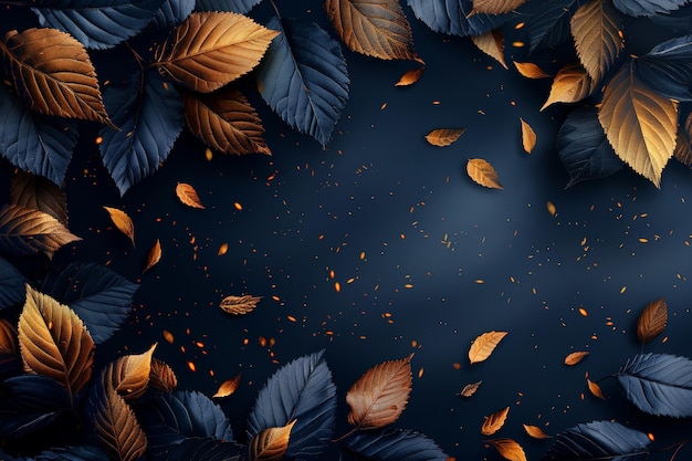 Folhas douradas e pretas de outono se deitam em uma superfície decorativa escura Um fundo luxuoso x Outono para cartões de saudação calendários banners Espaço livre para texto