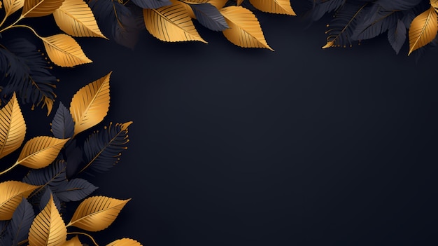Folhas douradas em fundo escuro Folhas de outono douradas e pretas isoladas em fundo escuro com espaço de cópia Banner de folhas de outono de luxo em cores douradas e pretas