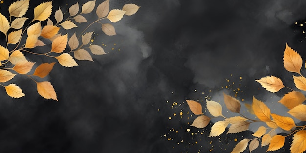 Folhas douradas ilustração aquarela em fundo escuro Folhas de outono douradas isoladas em fundo escuro com espaço de cópia Aquarelle folhas de outono banner em cores douradas e pretas