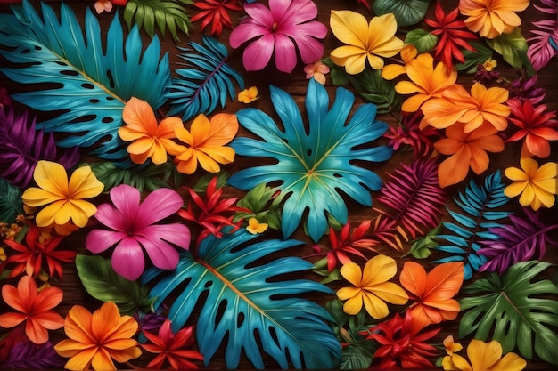 Folhas e flores tropicais coloridas Fundo de flores tropicais Fundo de folhas exóticas Papel de parede de flores tropicais AI Generative