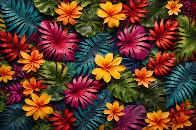 Folhas e flores tropicais coloridas Fundo de flores tropicais Fundo de folhas exóticas Papel de parede de flores tropicais AI Generative