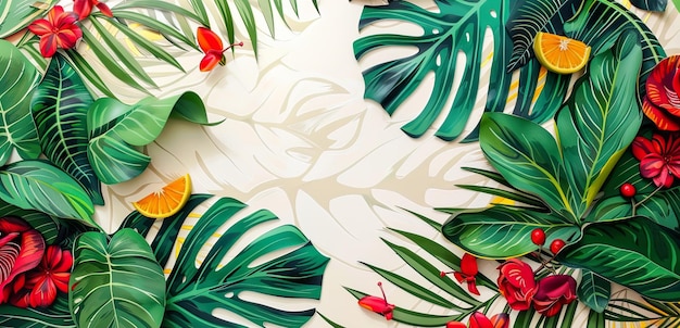 Foto folhas e flores tropicais desenham banner para o verão