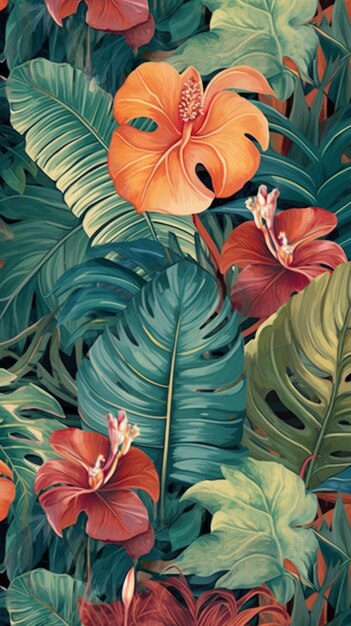 Folhas e flores tropicais são pintadas em um padrão de costura generativo ai