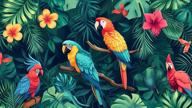 Foto folhas e flores tropicais vibrantes com papagaios e borboletas coloridos desenho sem costura ilustração vetorial
